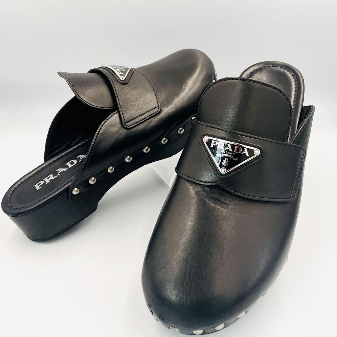 美品・鑑定済☆プラダ クロッグシューズ レザー スタッズ ブラック 7 美品・鑑定済☆プラダ クロッグシューズ レザー スタッズ ブラック 7