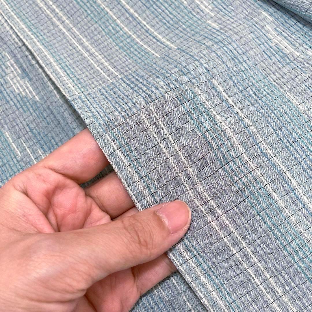 ●【美品✨】洗える着物　夏物　絽楊柳　手縫い仕立て　小紋　くすみ水色　幾何学I9
