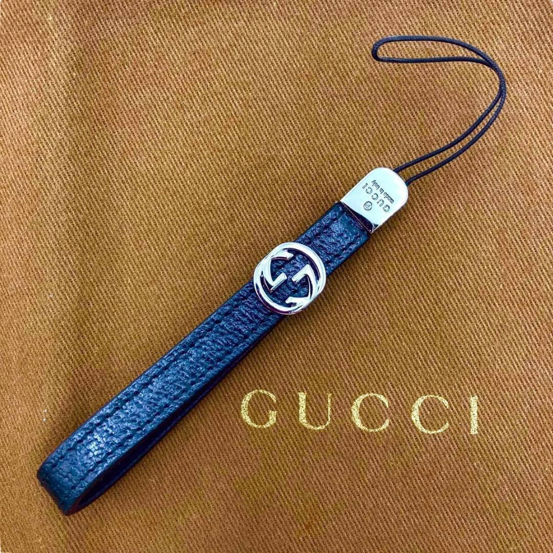 美品 GUCCI 　携帯ストラップ　バッグチャーム　GGマーモント　レザー　黒