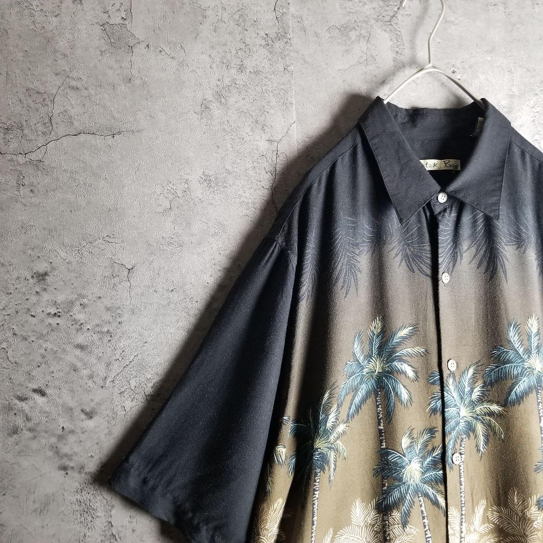 パームツリープリント　グラデーションレーヨンシャツ　黒　茶　L　US古着