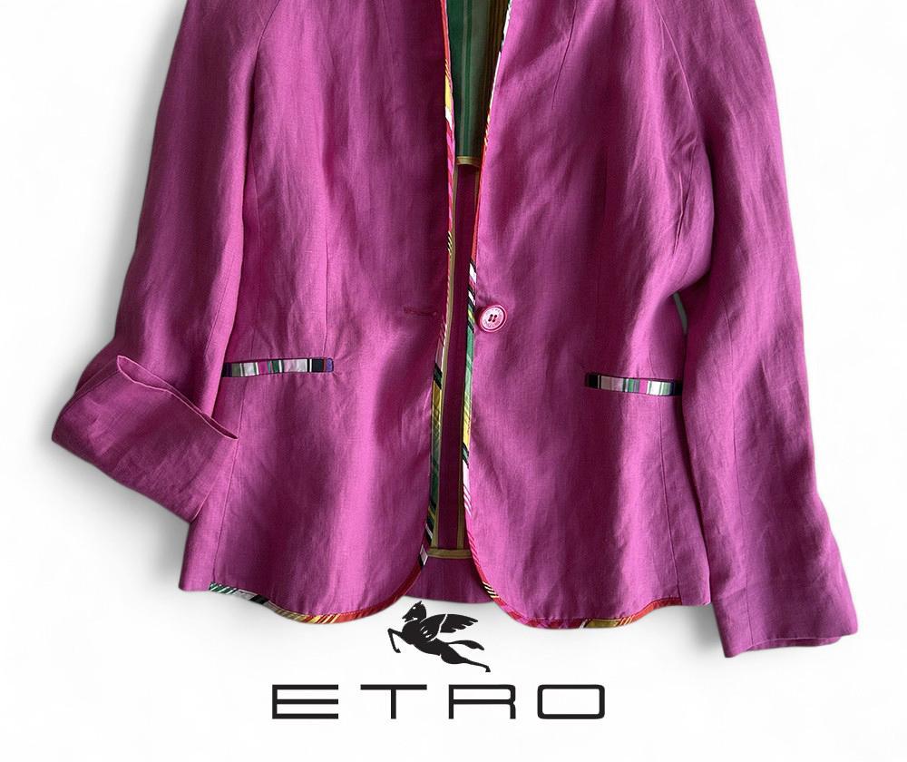 美品 エトロETRO 麻リネン100%ドルマンノーカラージャケット マルチカラー