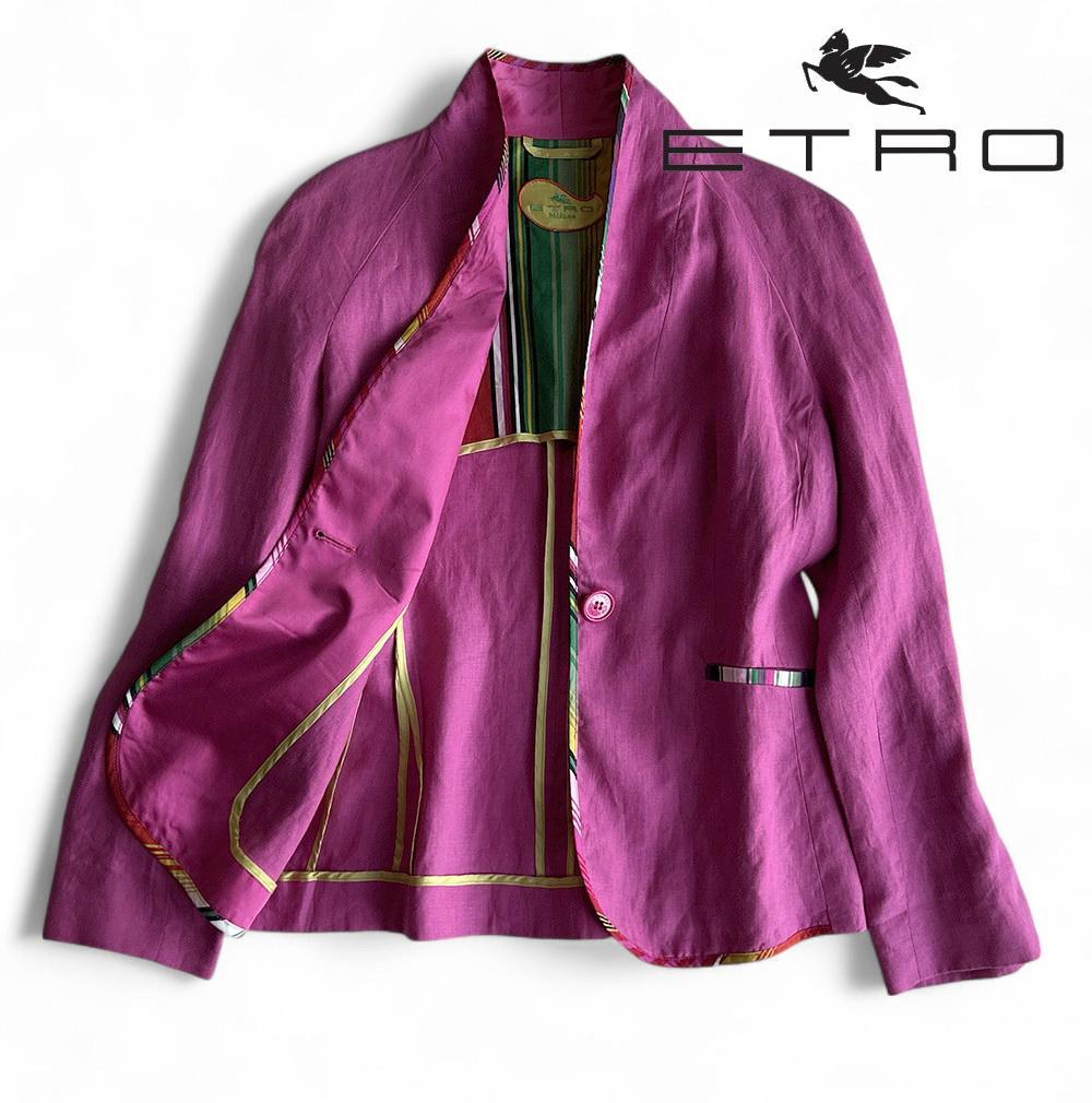 美品 エトロETRO 麻リネン100%ドルマンノーカラージャケット マルチカラー