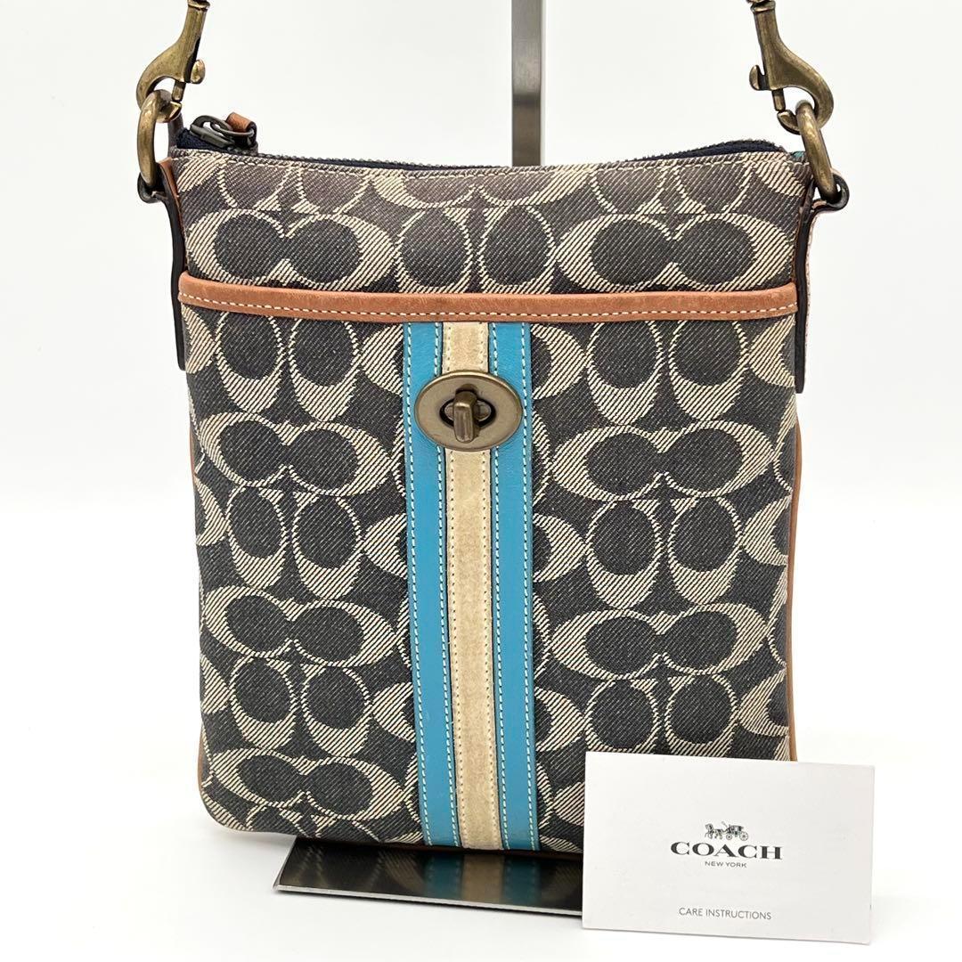 【良品】 COACH デニム シグネチャー ポシェット ショルダーバッグ ブルー