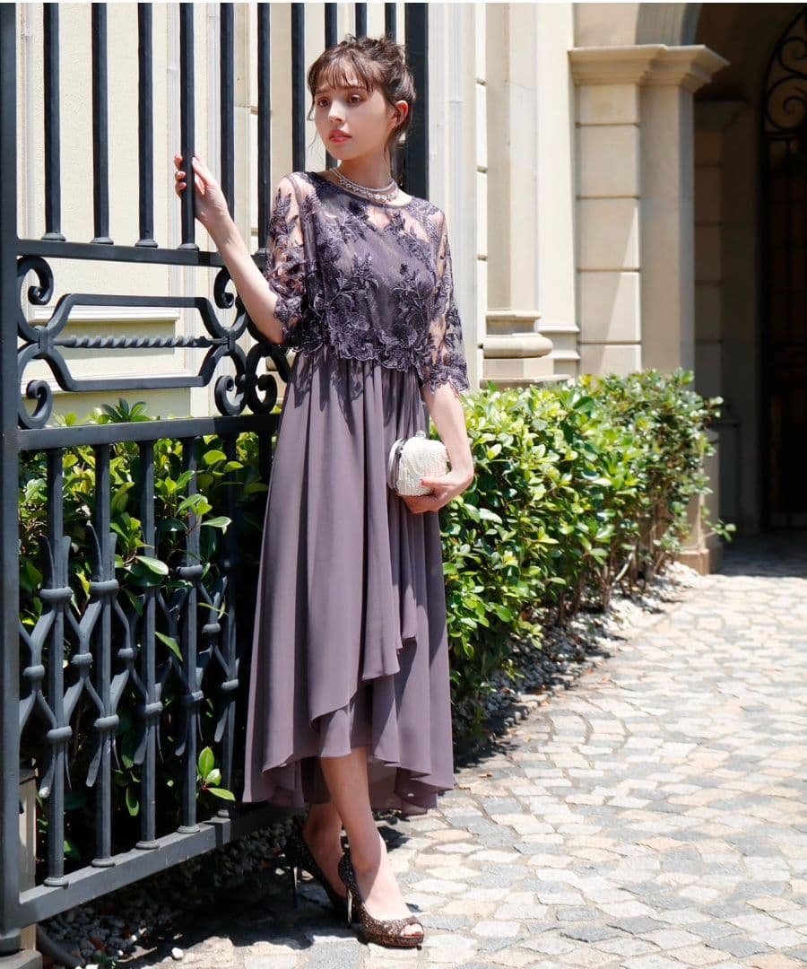 花柄レース切替ミモレ丈フ 結婚式パーティードレス