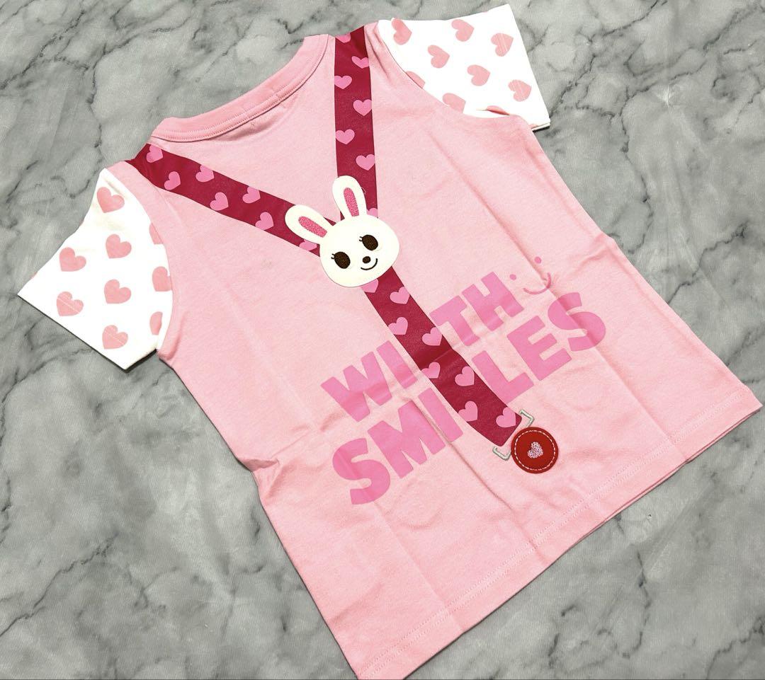 新品　ミキハウス ウサギとハート サスペンダー　 Tシャツ 100
