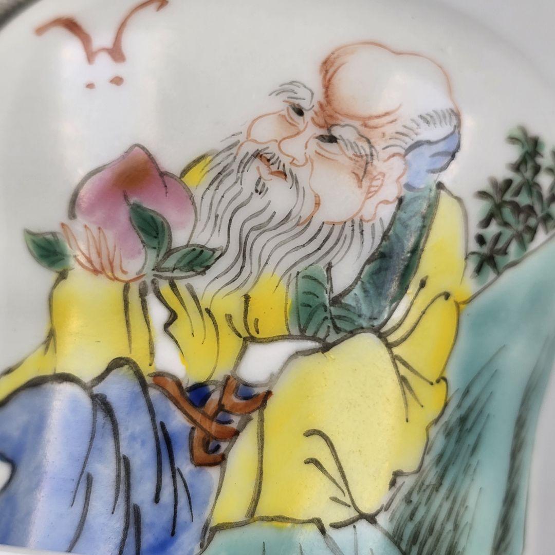 【オープニングセール】 希少 中国古磁 同治在銘 清代 置物 骰子入 寿老人図 手描き 粉彩 工芸品