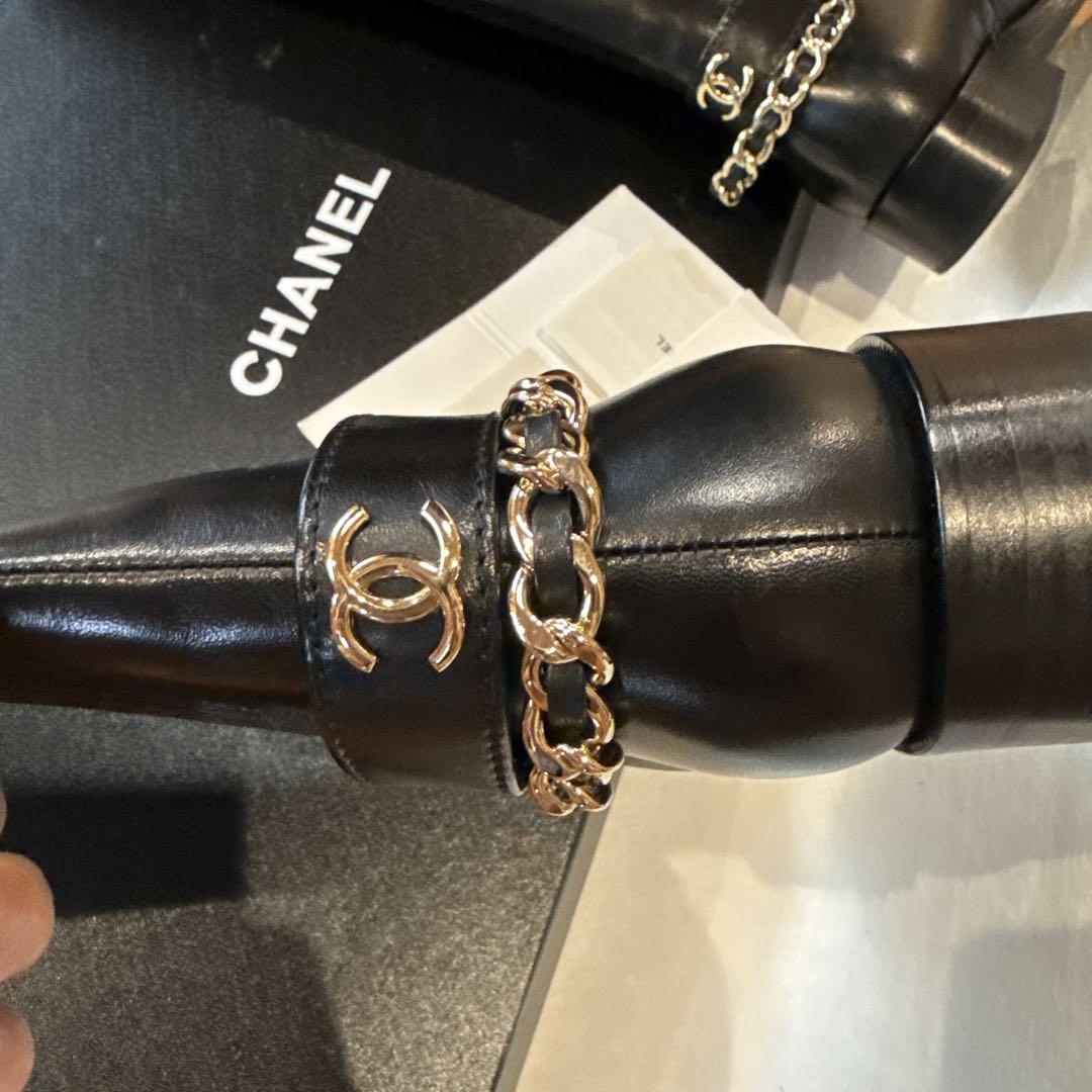 シャネルCHANELブラックBLACKロングチェーンブーツ革靴女性婦人港区20c
