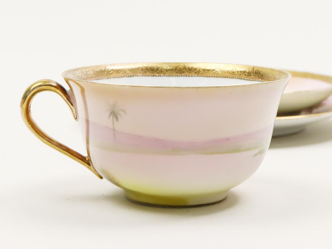 第一ネット オールドノリタケ ソーサー カップ トリオ 金盛上ヤシの木湖畔 工芸品
