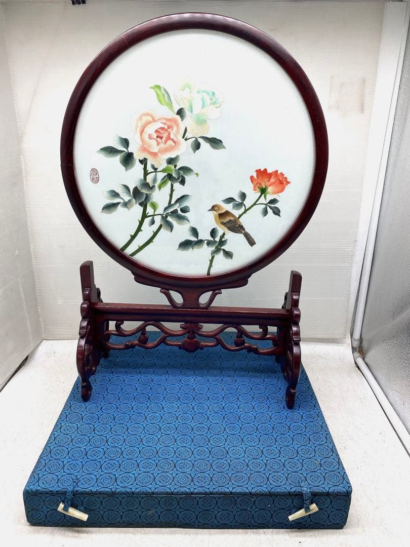 蘇州 蘇繍 両面刺繍 鳥 縁起物 床の間 正月 天然木材座 中国工芸品 美術品