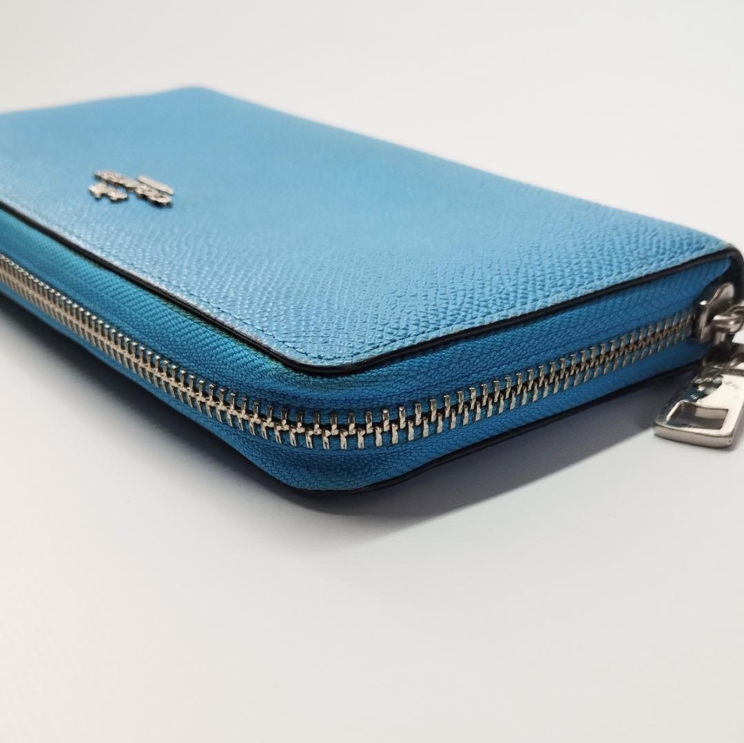 COACHラウンドファスナレザー長財布 青色