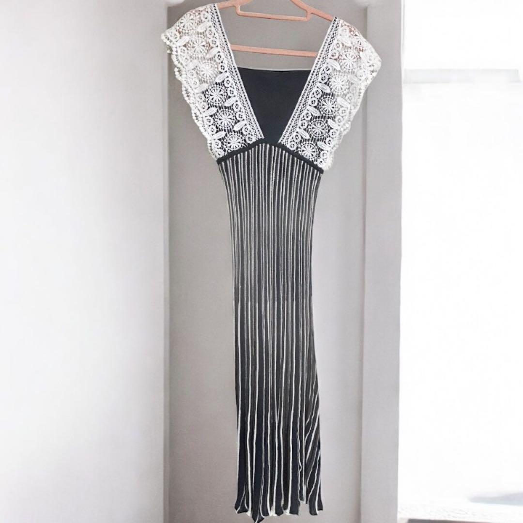 レース袖のネイビーホワイトストライプ ロングワンピースM MERCURY DUO