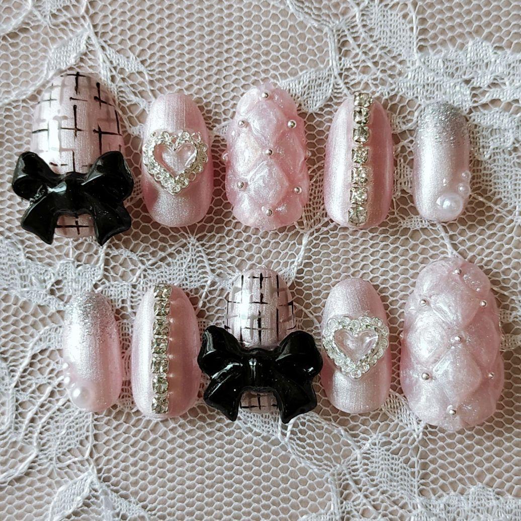 オーダー　ネイルチップ　量産型　韓国　地雷　キルティング　ツイード　ハート