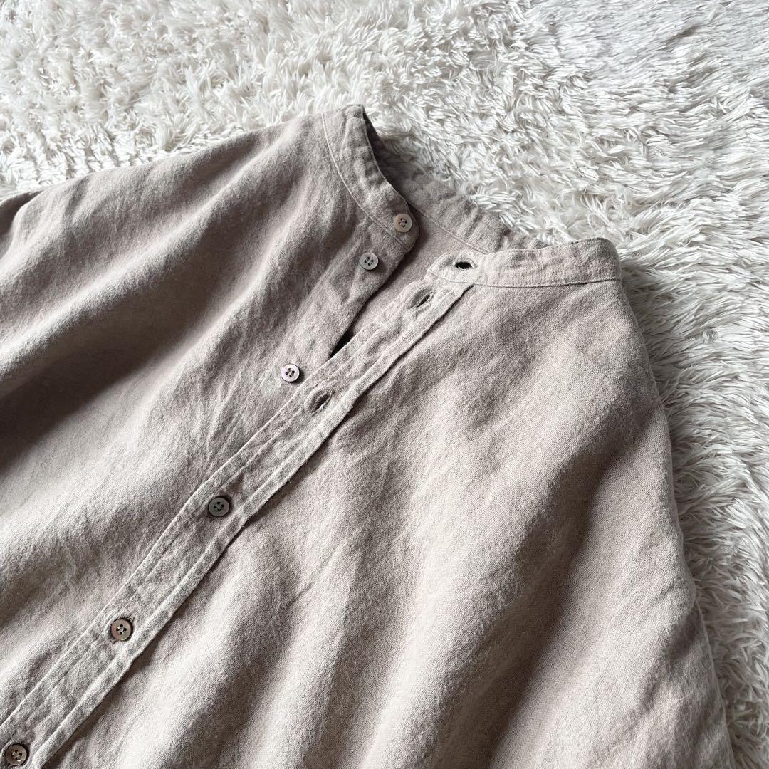 美品 nest robe リネンバンドカラーワイドシャツ F ライトブラウン