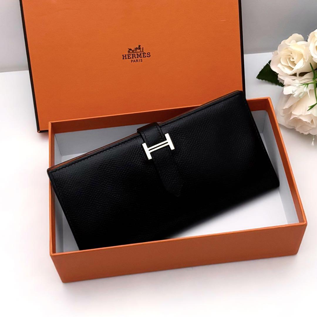 週末限定‼️HERMES べアン 二つ折り長財布 黒 オレンジ バイカラー