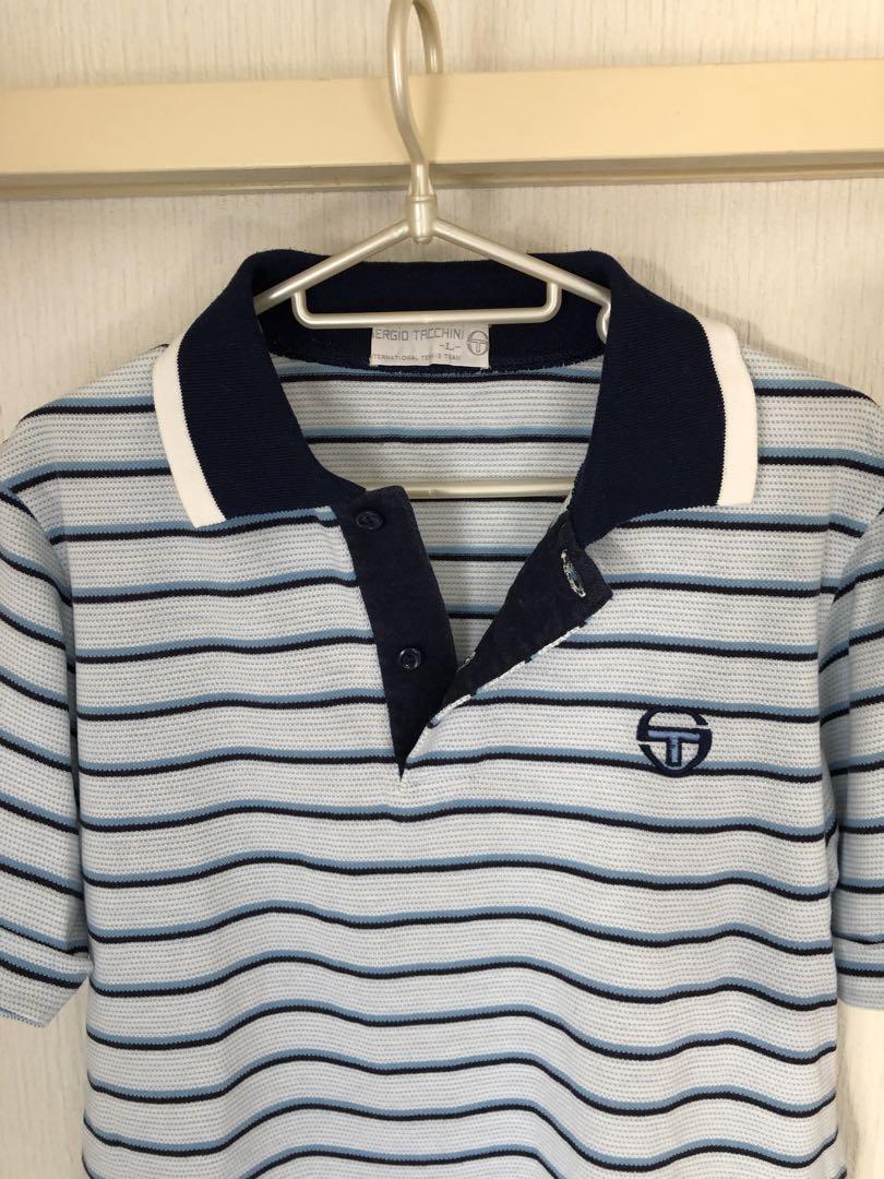 Sergio Tacchini ポロシャツ L 青系ストライプ Sergio Tacchini ポロシャツ L 青系ストライプ