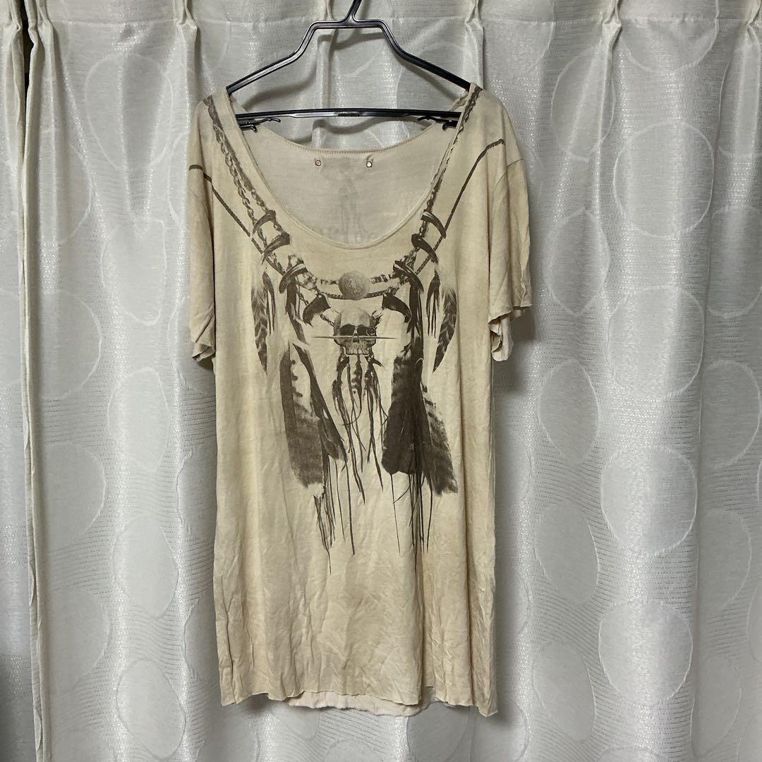 14th addiction スカルと羽根プリント Tシャツ アイボリー