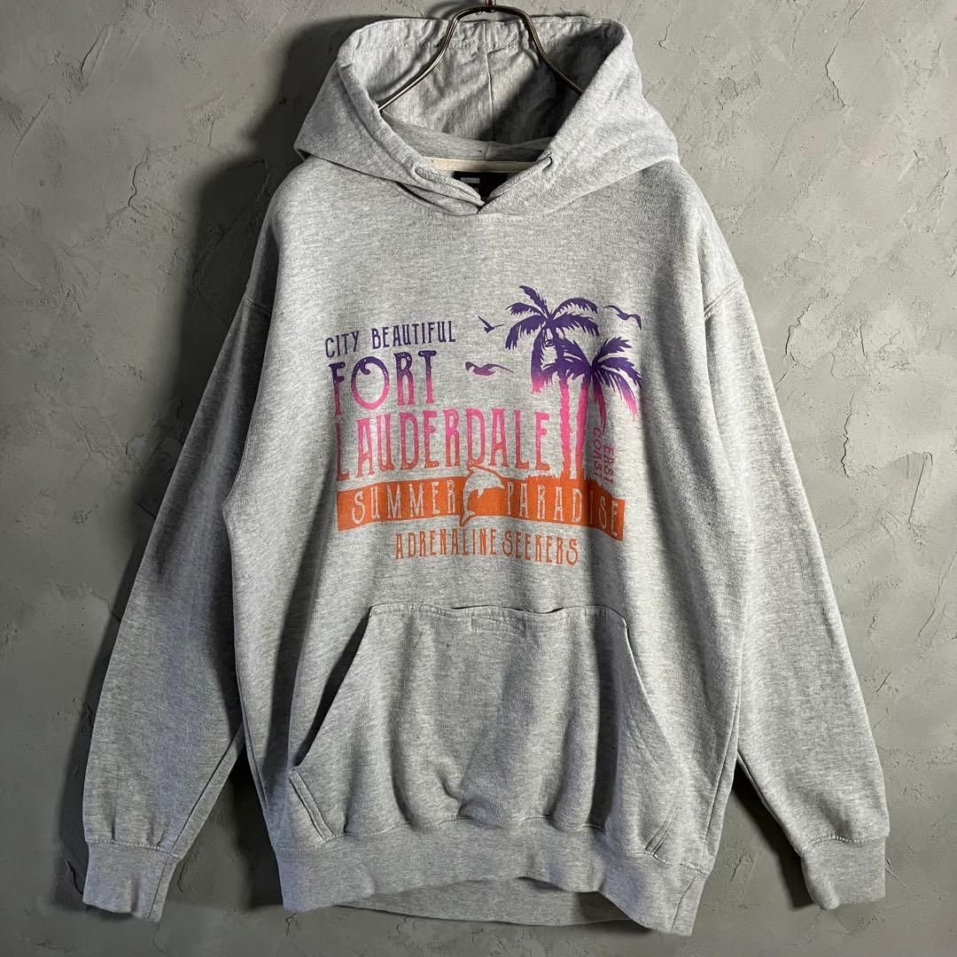 高価値】VINTAGE 古着 パーカー IW8 ビッグプリント M 裏起毛 グレー