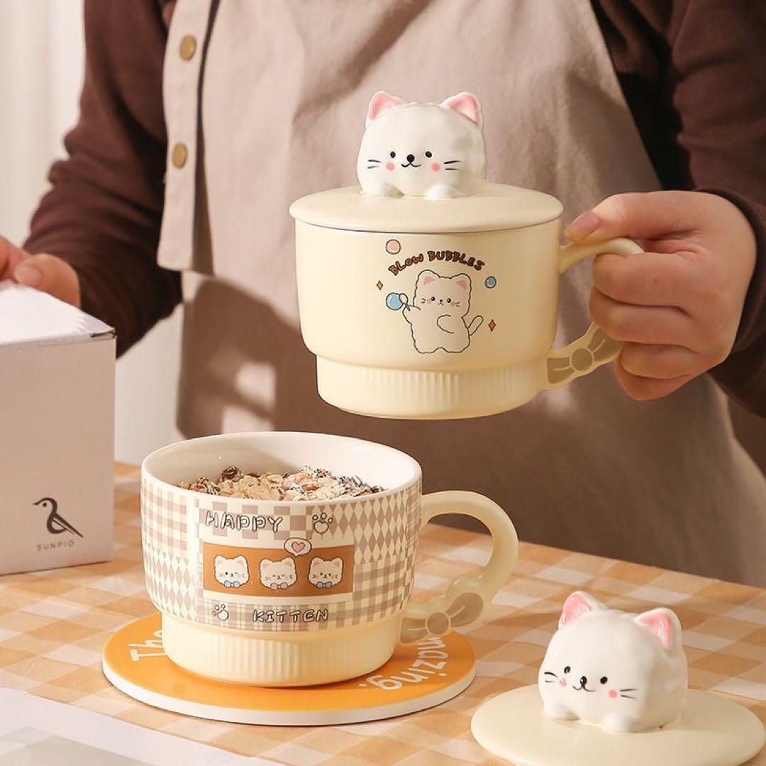 猫デザイン 蓋付きマグカップ 陶器製