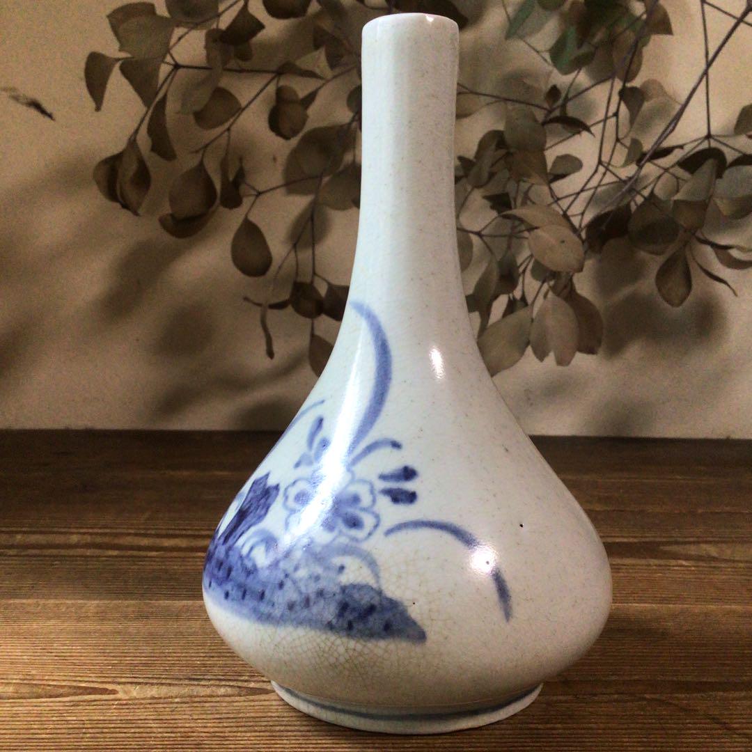 No4226 李朝　白磁染付草花文鶴首花瓶　高さ21cm 陶磁器　唐物　送料無料
