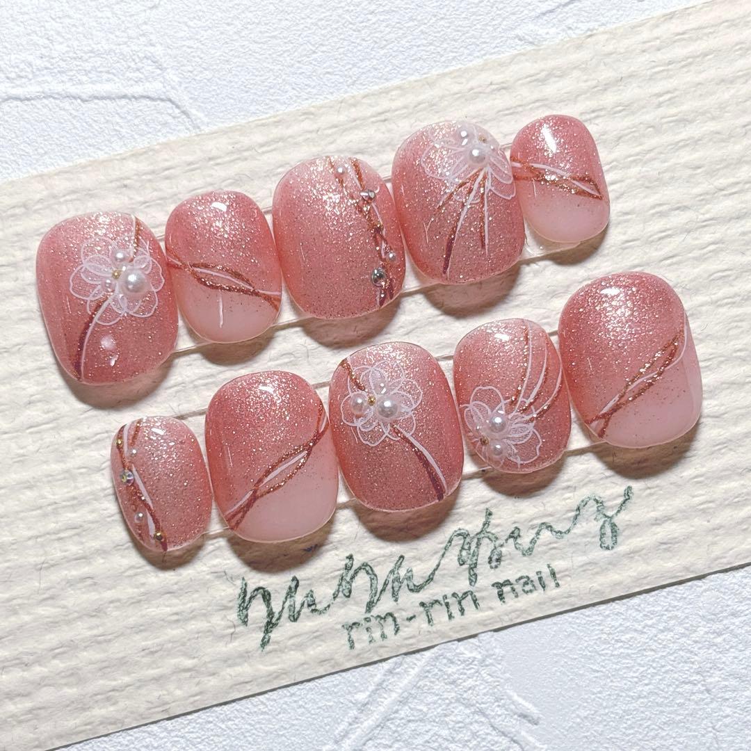 ピンクラメ水引フラワーニュアンスネイル ブライダル 前撮り 成人式 冬 七五三