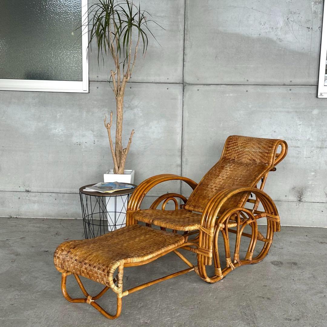 ★70s〜80s★極上レトロ⭐︎ラタン3段階リクライナー 藤 オットマン付 ★70s〜80s★極上レトロ⭐︎ラタン3段階リクライナー 藤 オットマン付