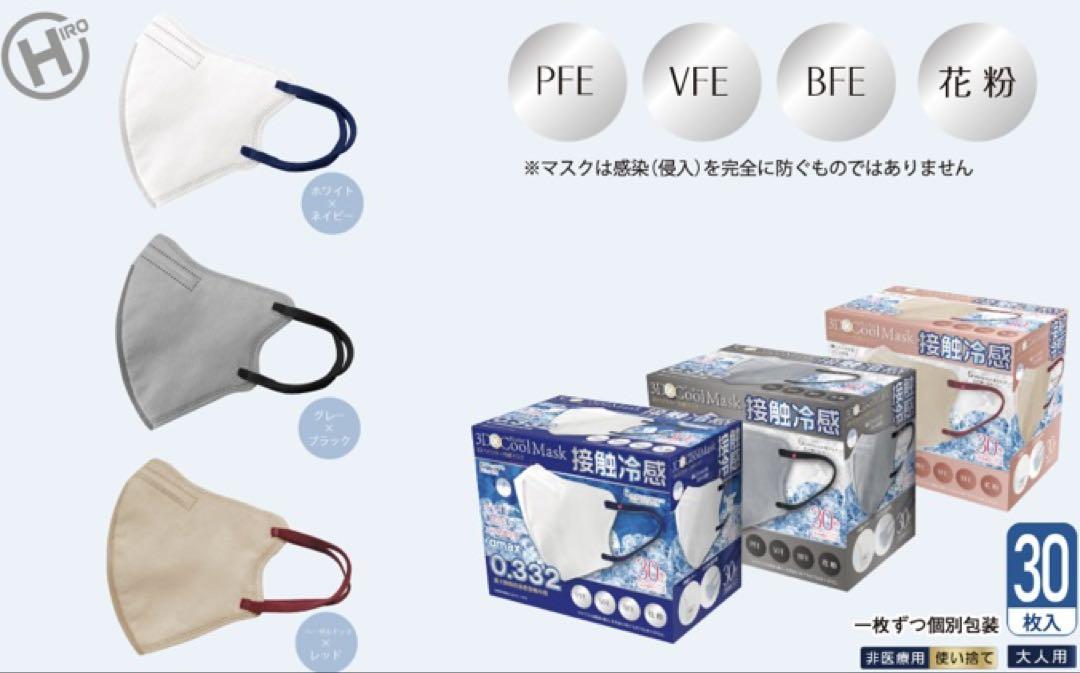 ヒロコーポレーション 夏用 冷感マスク グレー 30枚入り5箱セット