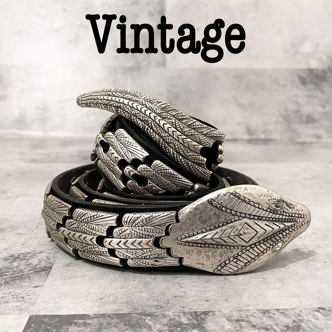 Vintage スネーク ヘッド メタル レザー ベルト 80s 90s