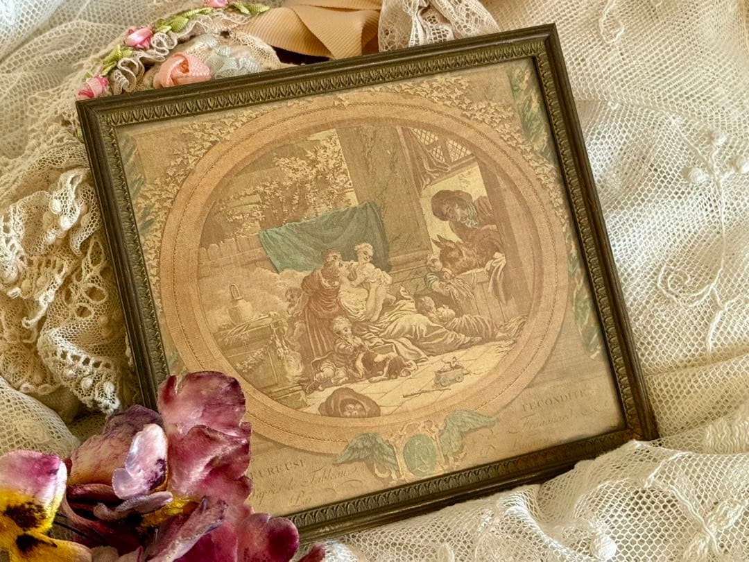 フランス　アンティーク　額装　エレガント　布貼り フランス アンティーク 額装 エレガント 布貼り
