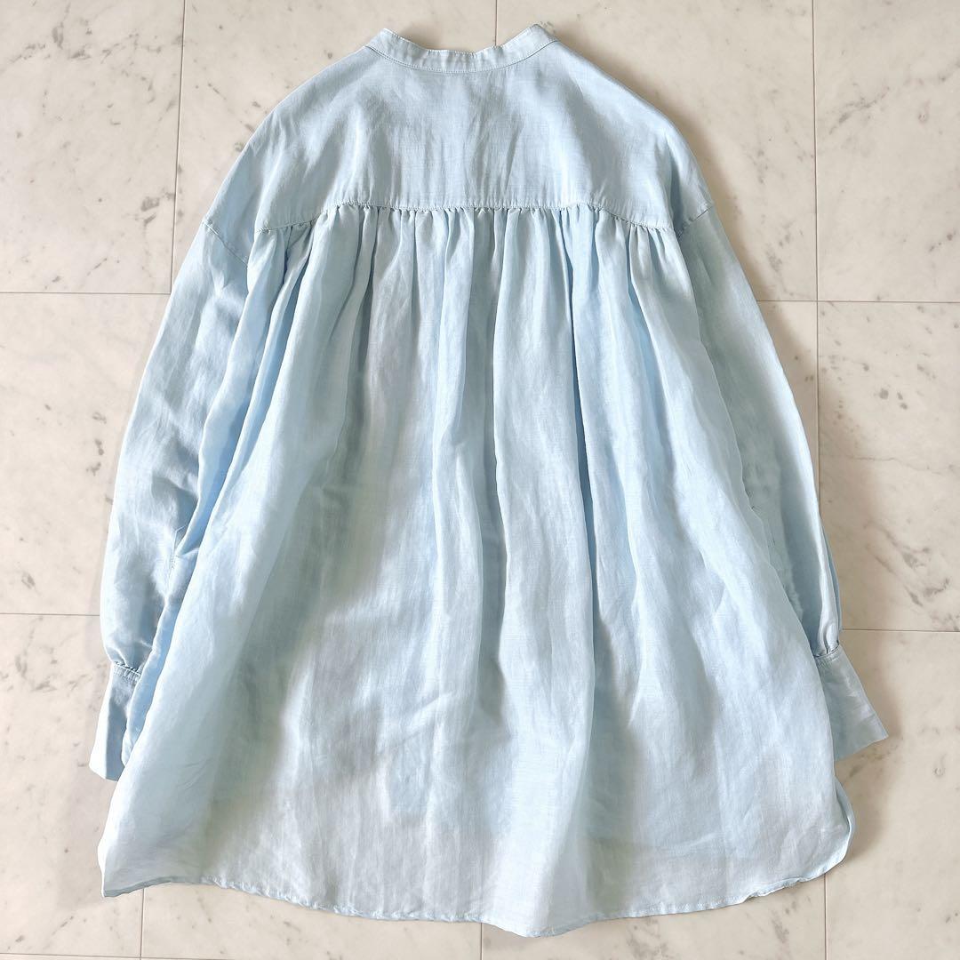極美品☆イエナ ラミーリヨセル バックギャザーシャツ バンドカラー 麻 水色