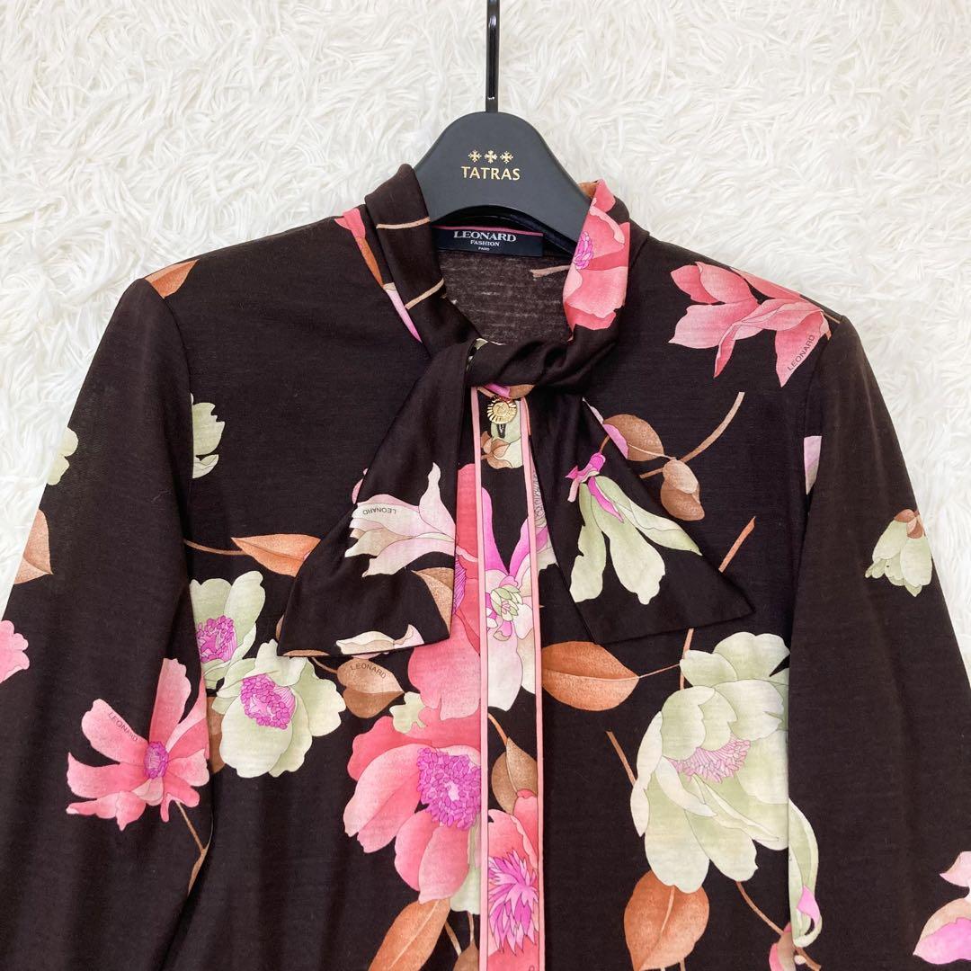 美品✨ LEONARD カーディガン 花柄 トリム シルク混 ボウタイ 金