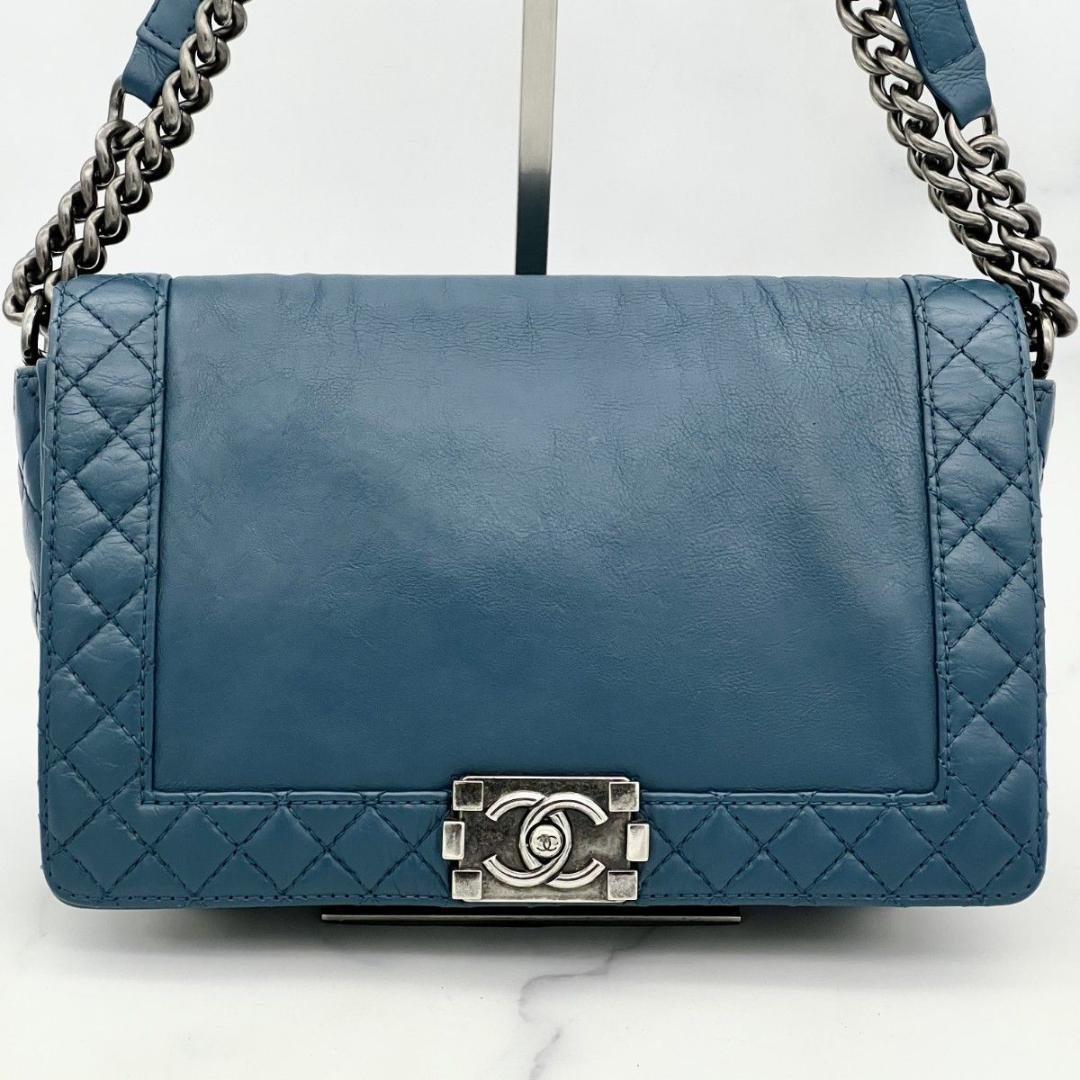 ボーイシャネル マトラッセ チェーンショルダー ラム シルバー金具 ブルーグレー