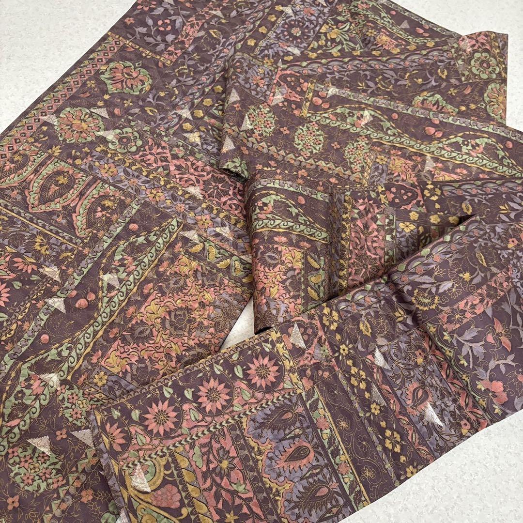 名古屋帯 全通 逸品 鱗の地紋に更紗の染め 九寸 正絹 AO-3408