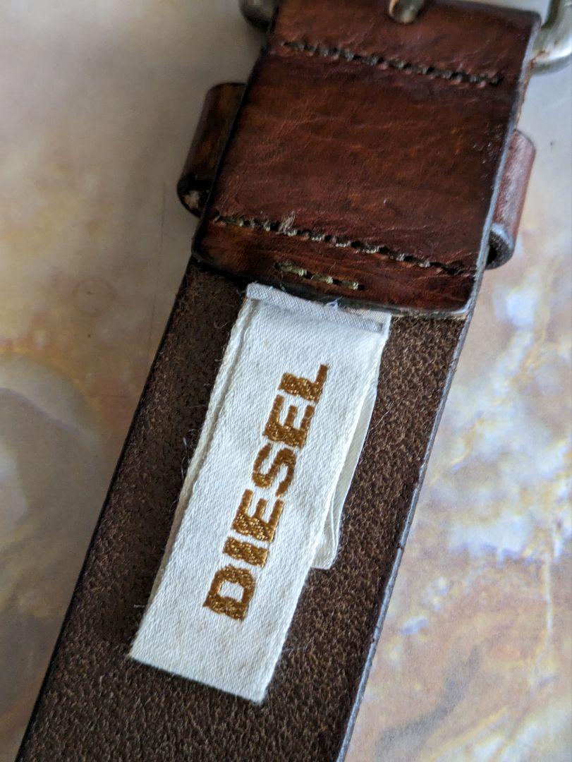 DIESEL ロゴプレート付オイルレザーベルト　アンティークブラウン　イタリア製