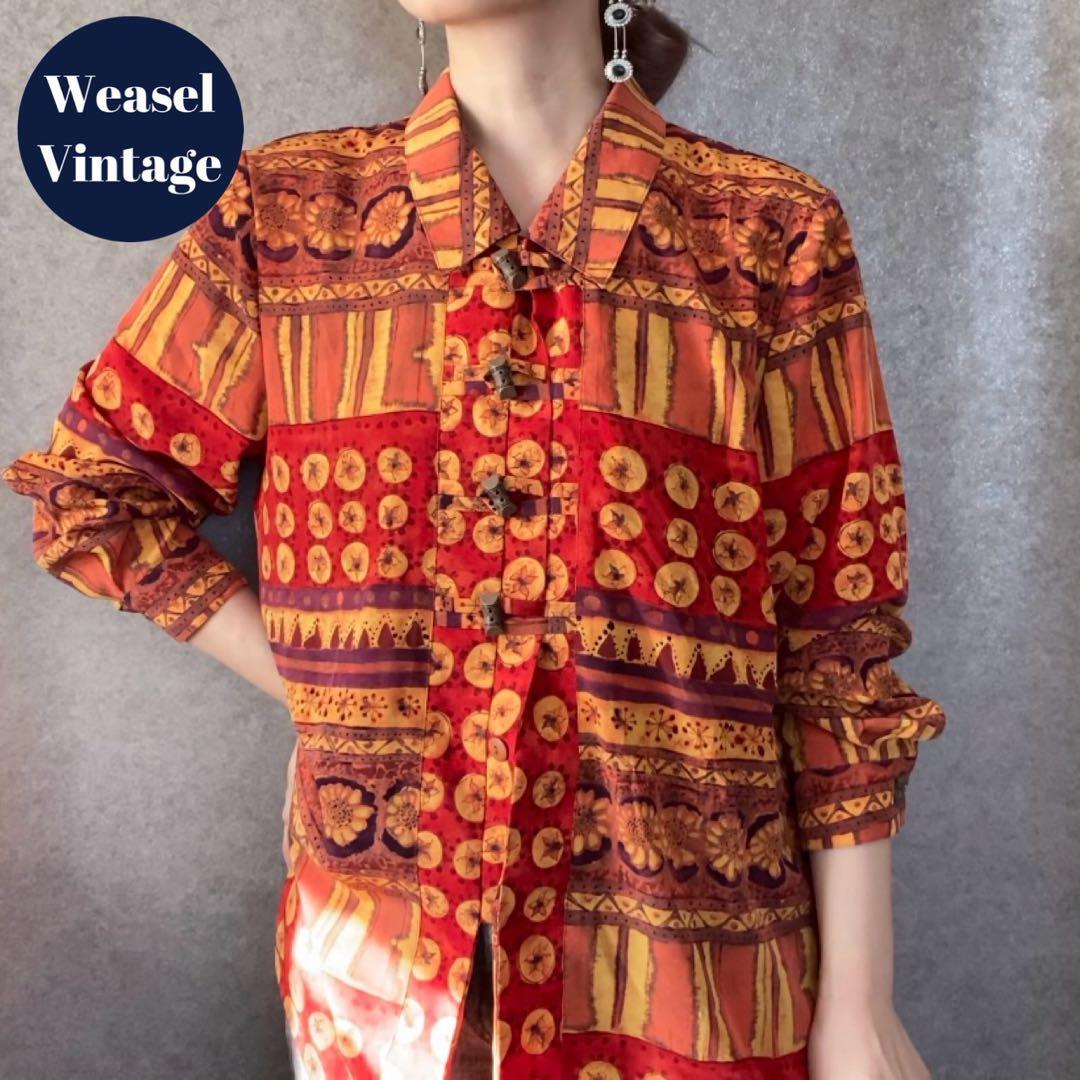 vintage ヴィンテージ レトロ古着 総柄エスニックシャツ ブラウス 長袖