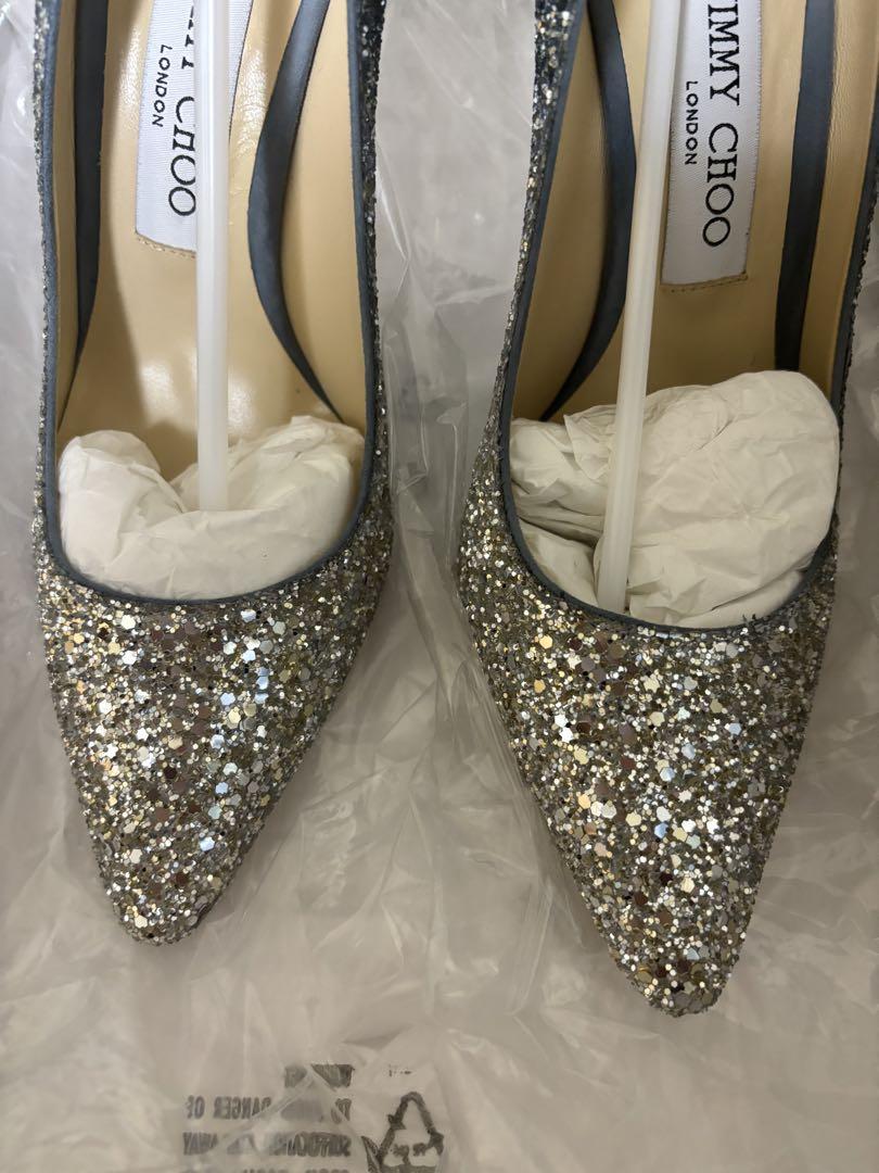 ブライダルシューズ Jimmy Choo グリッターパンプスROMY100 38 Platinum Ice ダスティグリッター・ポインテッド トゥ パンプス