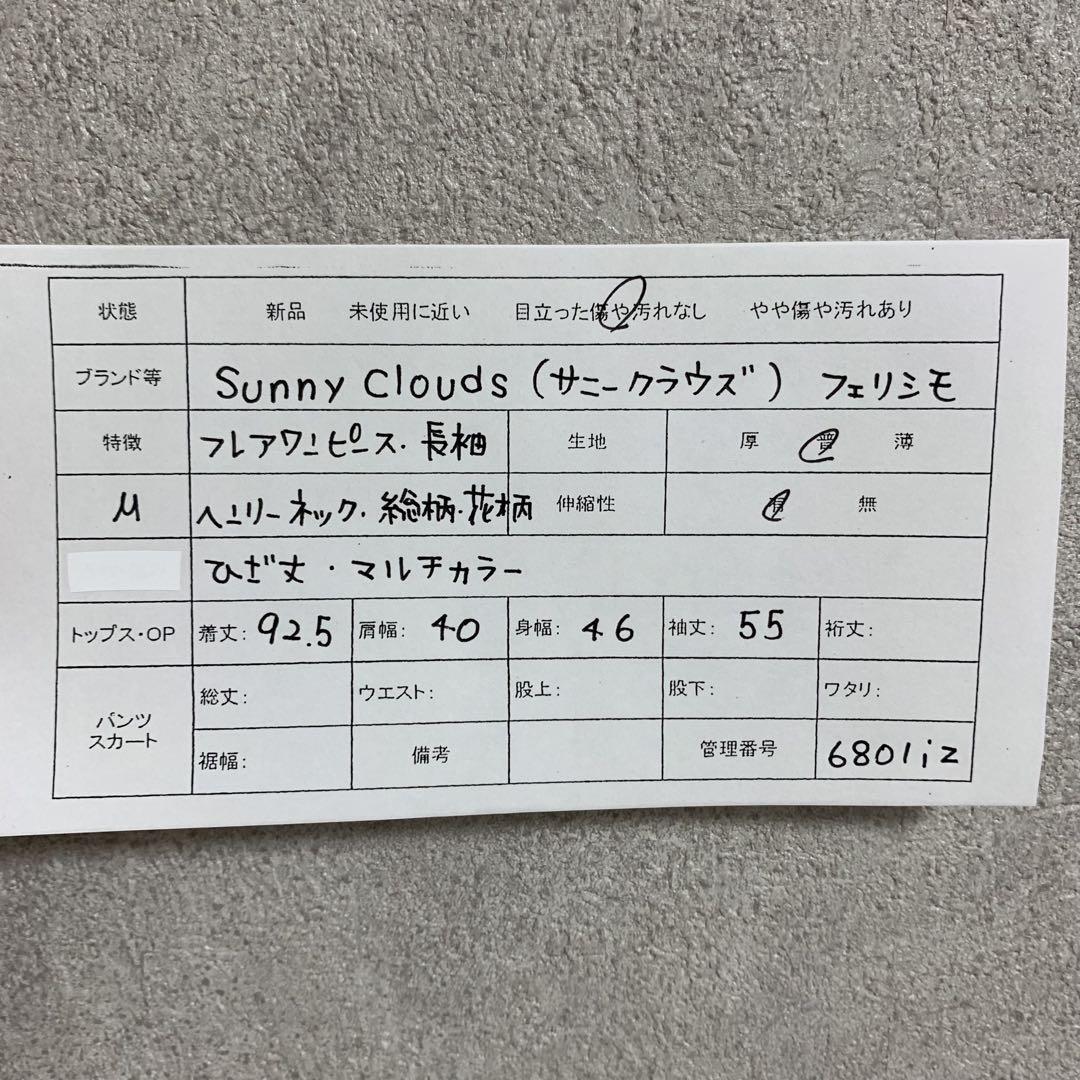 サニークラウズ　フレアワンピース　長袖　ヘンリーネック　総柄　花柄　ひざ丈　M