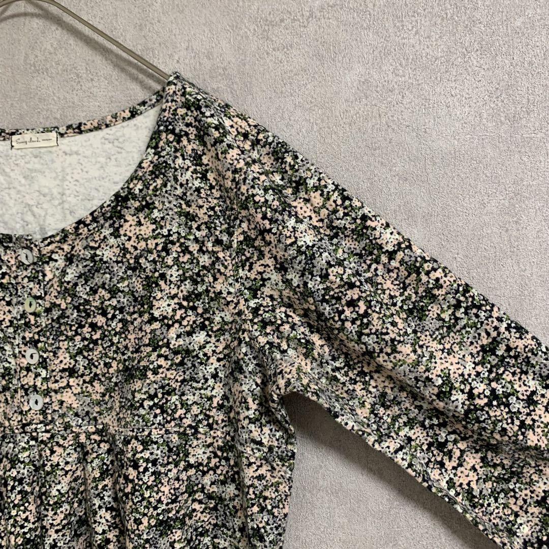 サニークラウズ　フレアワンピース　長袖　ヘンリーネック　総柄　花柄　ひざ丈　M