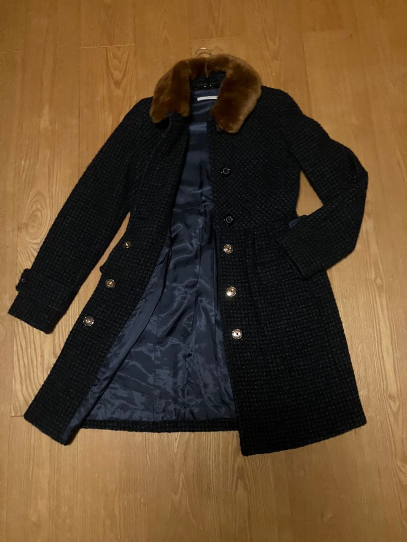 級 マックスマーラ ロングコート 艶ファー ツイード 紺 SMM Max Mara