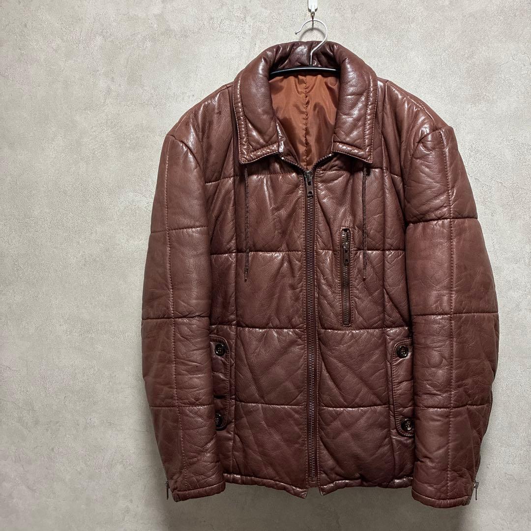 ヴィンテージ レザー ダウンジャケット 90s 中綿 ブラウン 牛革L