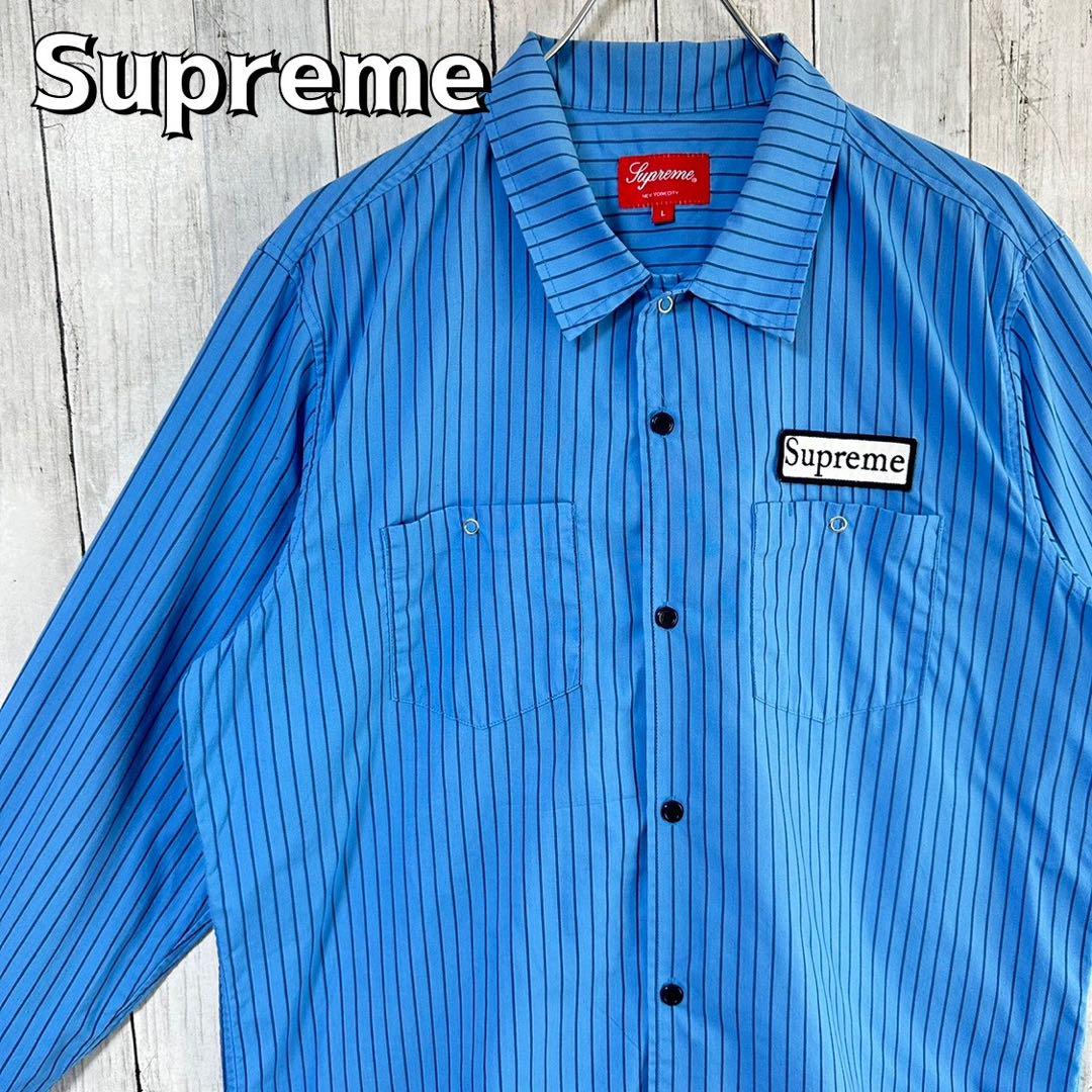 supreme シュプリーム シャツ L 長袖 ストライプ ワッペンロゴ