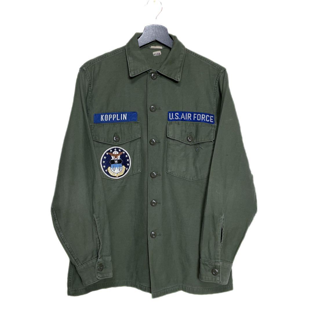 70s 米軍 OG-107 ワッペン付 コットンサテン ユーティリティシャツL