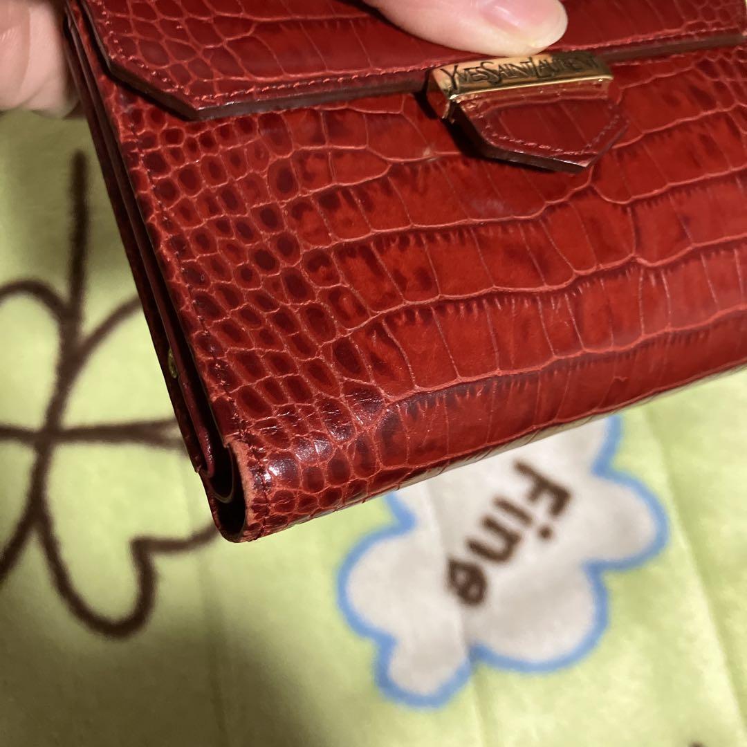 イブサンローラン　がま口財布赤 稀少✨】イヴサンローラン がま口 クロコ型押し 二つ折り財