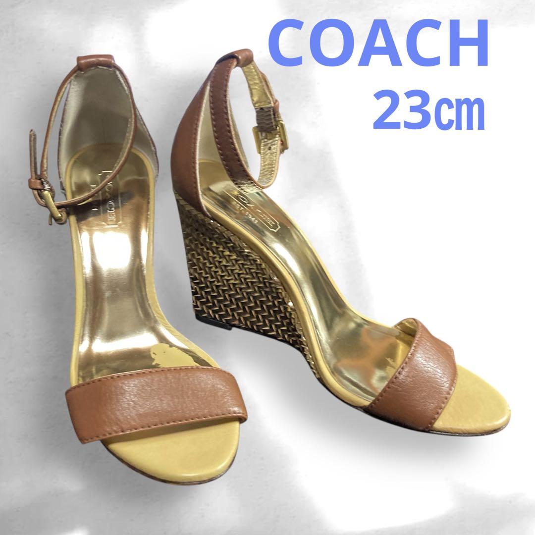 人気絶頂 ウェッジソール COACH レザーサンダル ゴールド ストラップ 靴