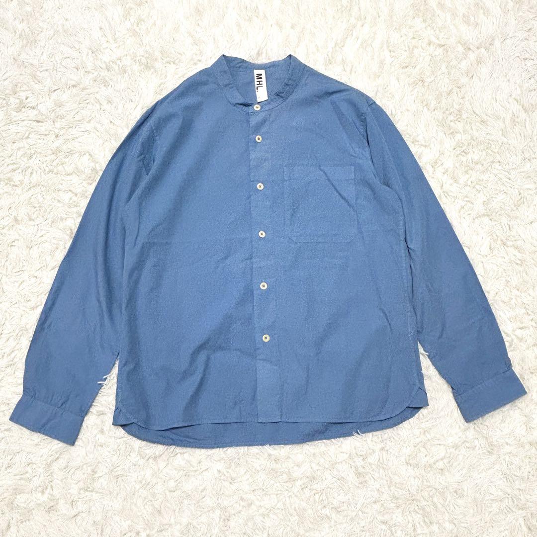MHL✨バンドカラー ノーカラー　コットン　長袖シャツ　ブルー　L