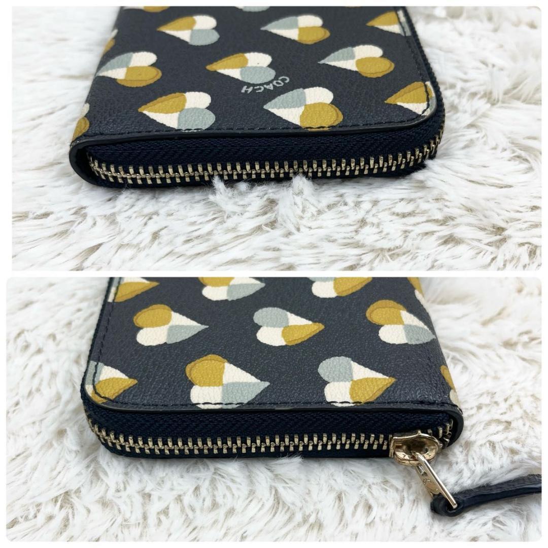 2025新発 美品】COACH 長財布 ラウンドファスナー レザー ネイビー系 ハート 小物