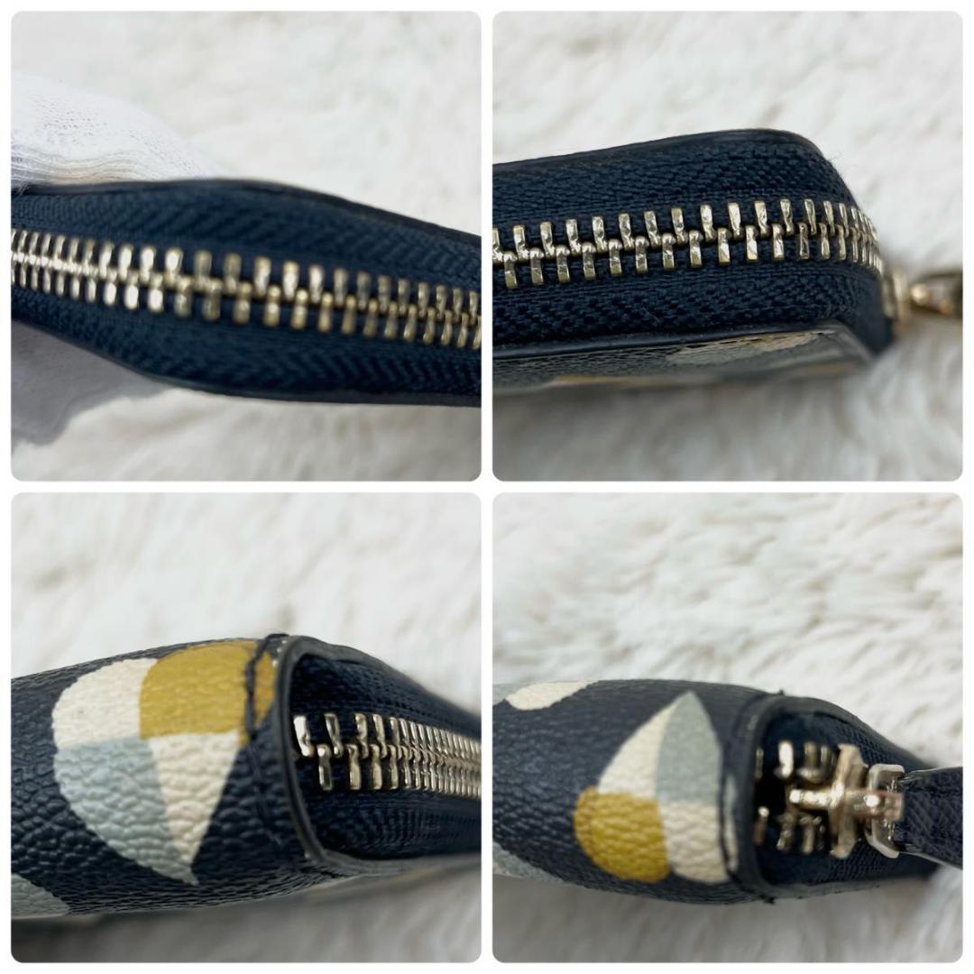 美品】COACH 長財布 ラウンドファスナー レザー ネイビー系 ハート