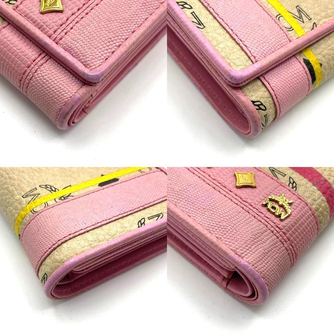 MCM 三つ折り財布 ピンク ヴィセトス ブラスプレート 金ロゴ