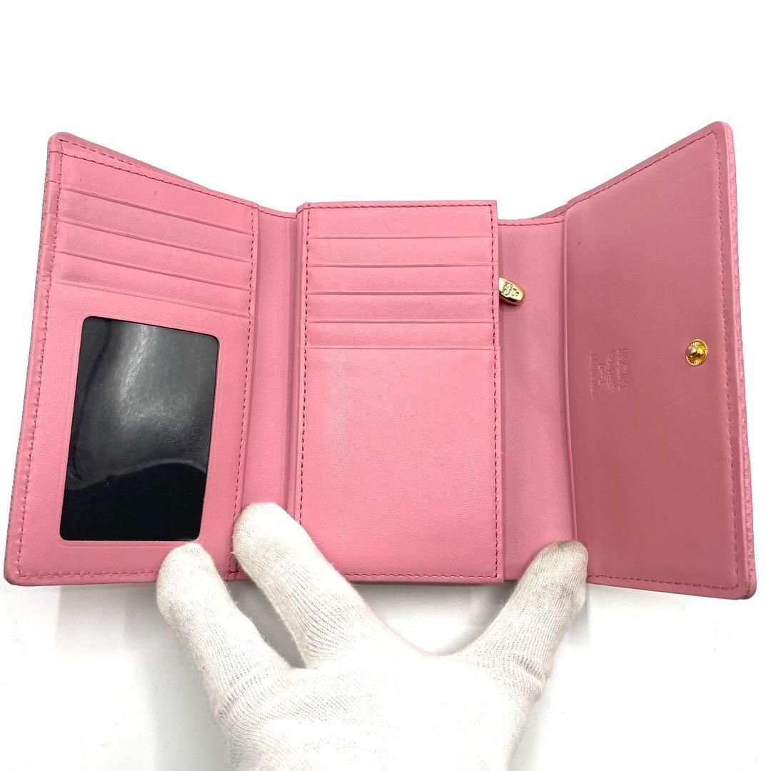 MCM 三つ折り財布 ピンク ヴィセトス ブラスプレート 金ロゴ