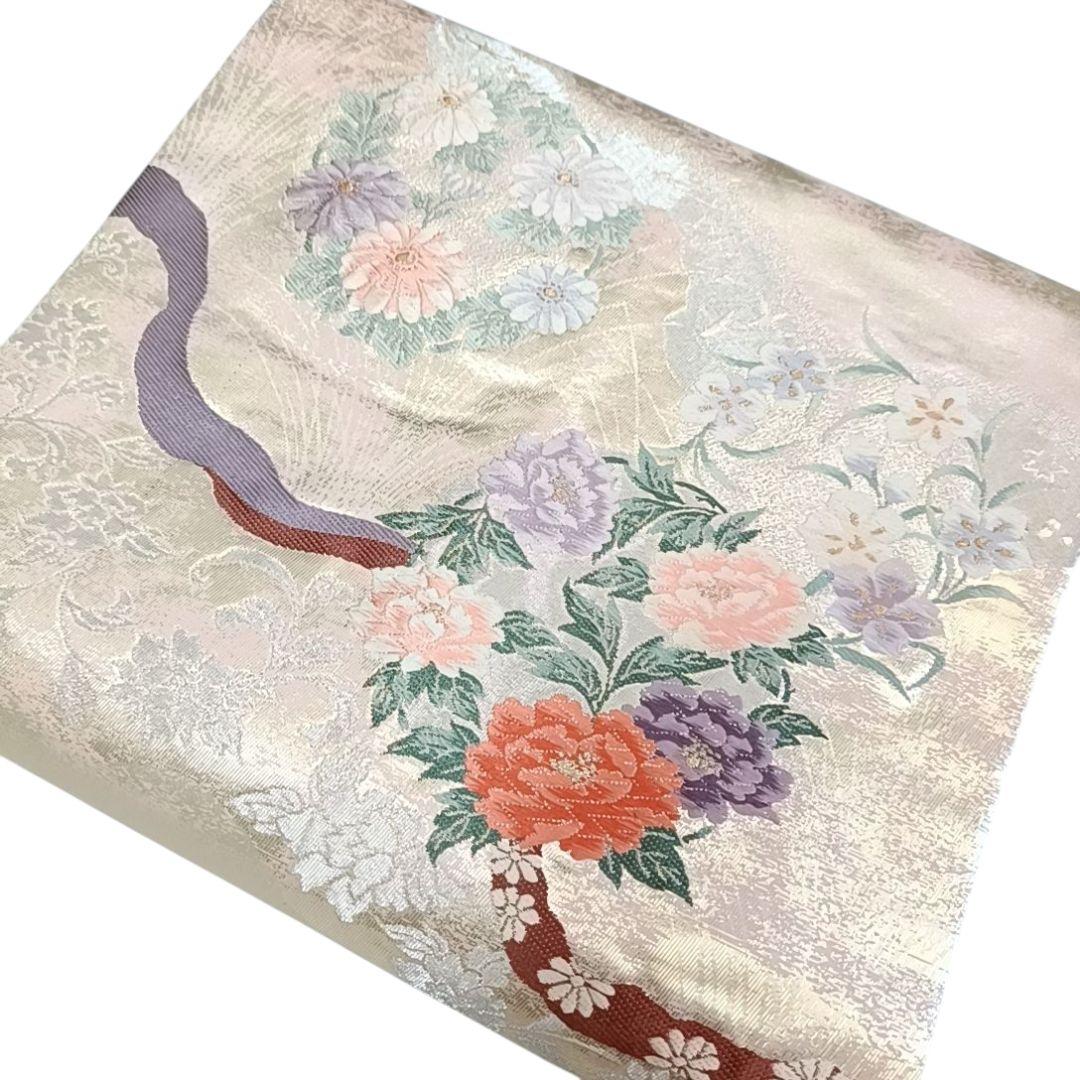 を えっと 名古屋帯 カジュアル 花柄 ベージュ 刺繍調