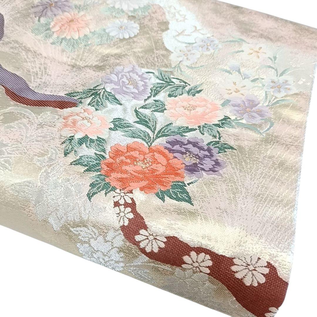 を えっと 名古屋帯 カジュアル 花柄 ベージュ 刺繍調